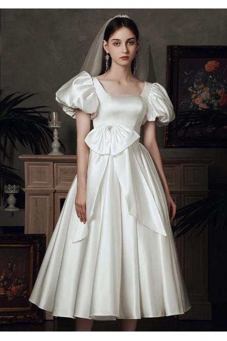 Elegant puff sleeve tea dress bridal gown with balloon sleeve