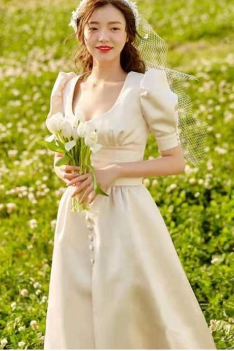 Elegant puff sleeve tea dress bridal gown with balloon sleeve 
