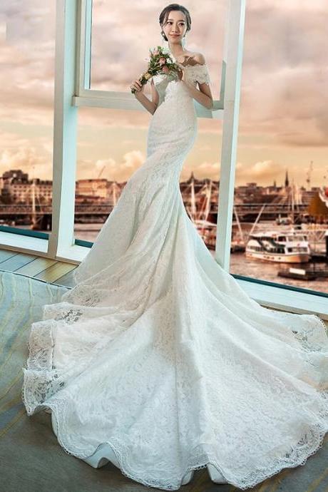 2021 new lace fashion simple bridal dress fish tail slim bride wedding dress small trailing tail