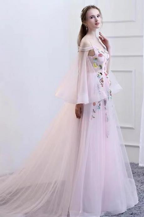 custom made quality,embroidered wedding dress, off shoulder fairy dress with training 