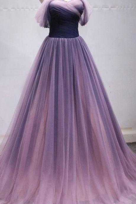 handmade custom dress Purple organza with thin shoulder strap, off-the-shoulder super dress, high waist line and low chest wedding dress