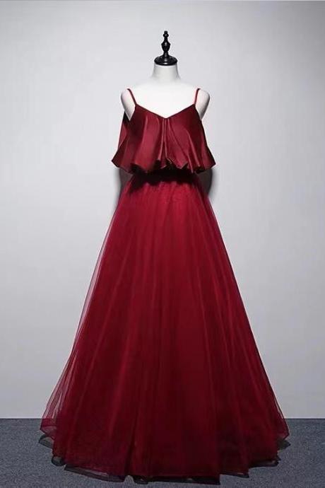 handmade custom dress Spaghetti strap red prom dress, Flounces collar, stylish evening dress,High waisted maternity gown,custom made