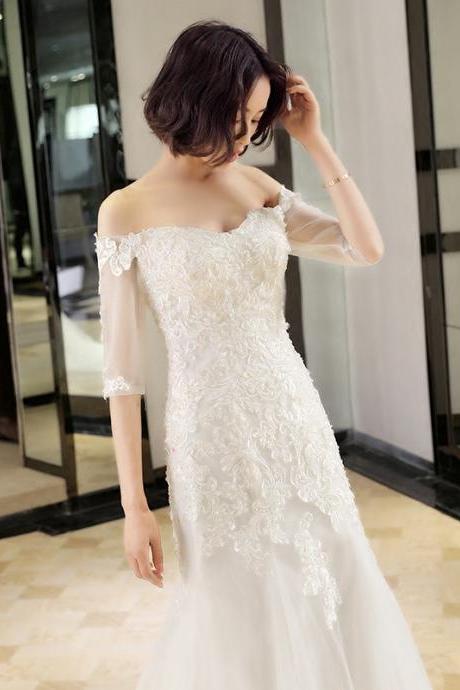 hand made custom dress Off shoulder bridal dress,lace wedding dress,mid-sleeve white bridal dress,custom made