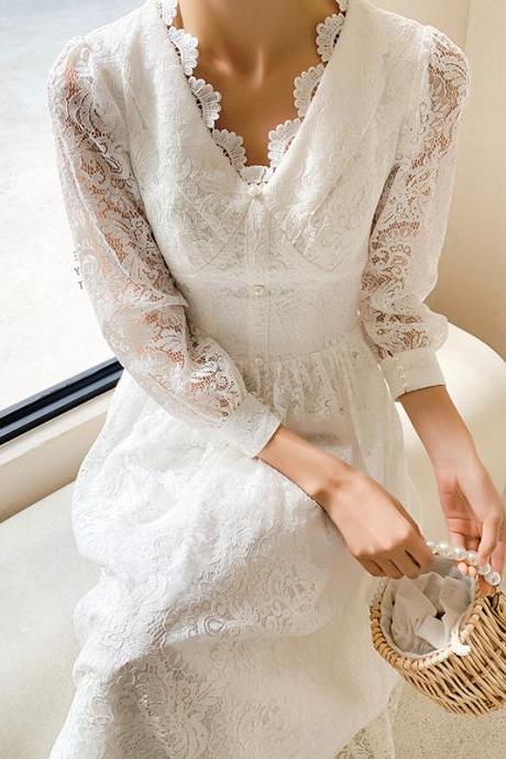 Handmade Custom Made Dresses Long Sleeve Bridal Dress,v-neck Lace Wedding Dress
