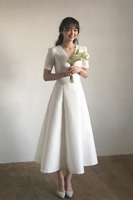 handmade custom made dresses V-neck medium sleeve tea dress simple wedding dress elegant a line dress