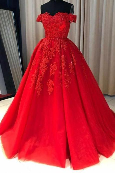 hand made customed off Shoulder Ball Dresses Red Lace Party Dresses A-line Cheap Evening Dresses, Long Lace Ball Dresses