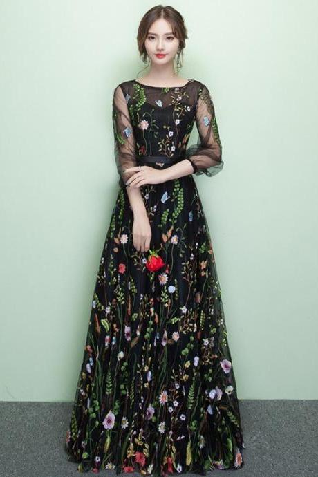 hande made black Unique,long sleeve prom dress,embroidered party dress plus size custom made 