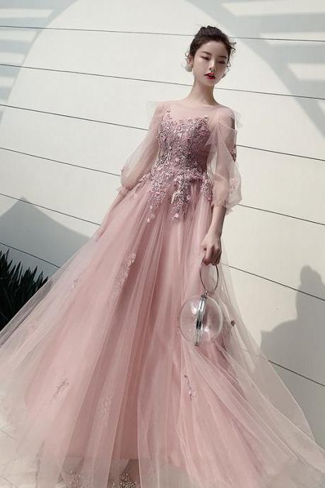 hande made Long sleeve evening dress, pink prom dress with applique, long fairy party dress plus size