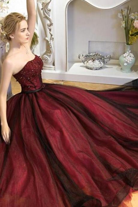 Handmade Red Ball Dresses, strapless Ball Dresses graduation Dresses, Beaded Dresses Plus Size