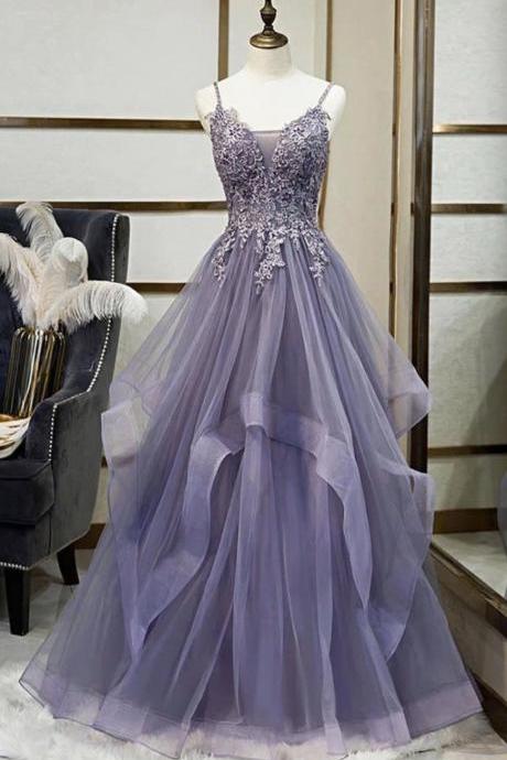 Handmade customed Purple Tulle A-line V-neck Spaghetti Straps Prom Dress With Lace Appliques plus size 