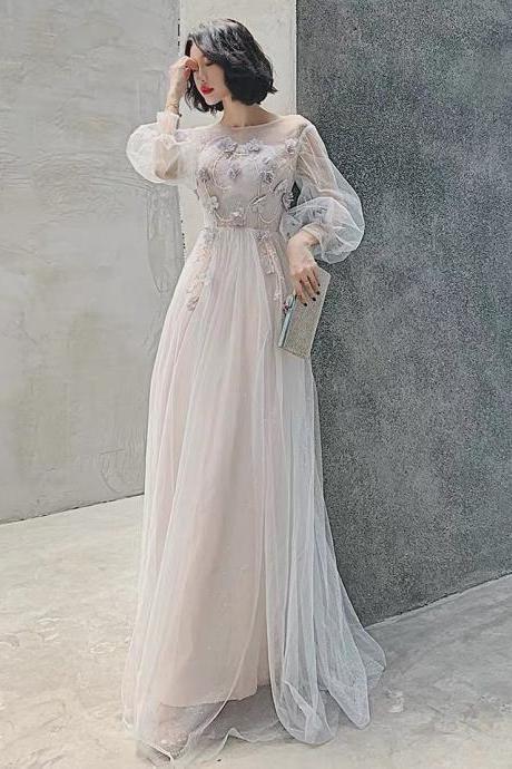 Handmade High-end evening dress long sleeve prom dress lace tulle party dress round neck formal dress v backspius size dress custom made 