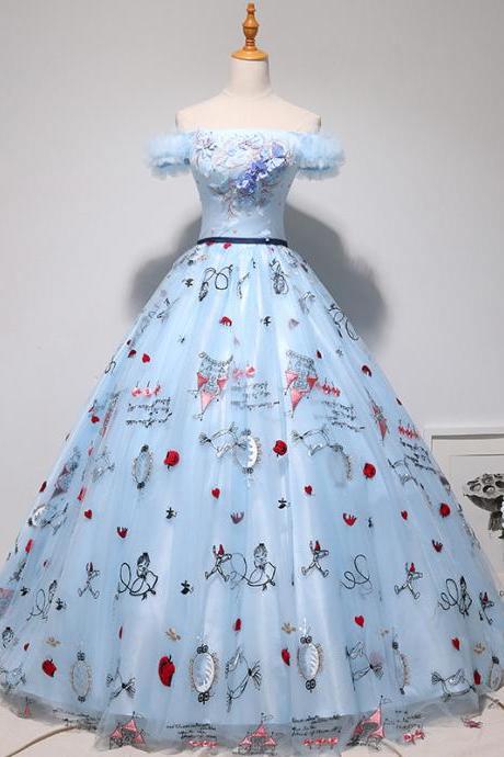 Cute Blue Print Dress Princess Dress Applique Graduation Gown Lace Off-the-shoulder Prom Dress Plus Size Custom Made