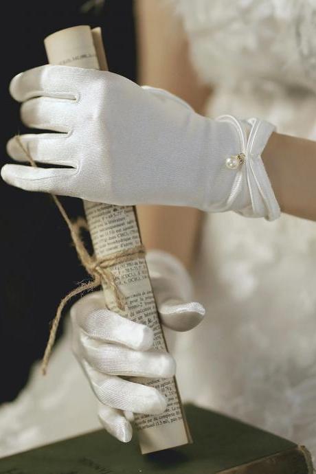satin Bride wedding gown lace gloves white ceremonial wedding gloves Custom made dress, gloves are free