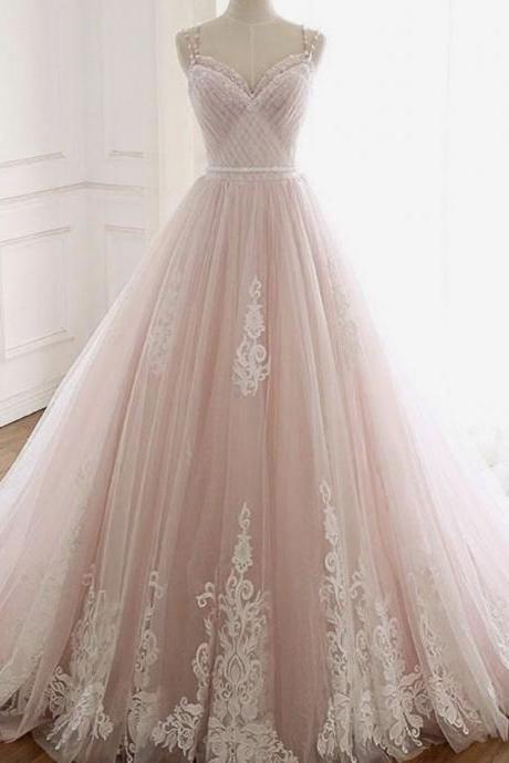 Handmade Spaghetti Straps Light Pink Prom Dresses Ball Gown Beading Tulle Prom Dresses White Lace Appliques Lace Up Back Elegant Evening Gownsy
