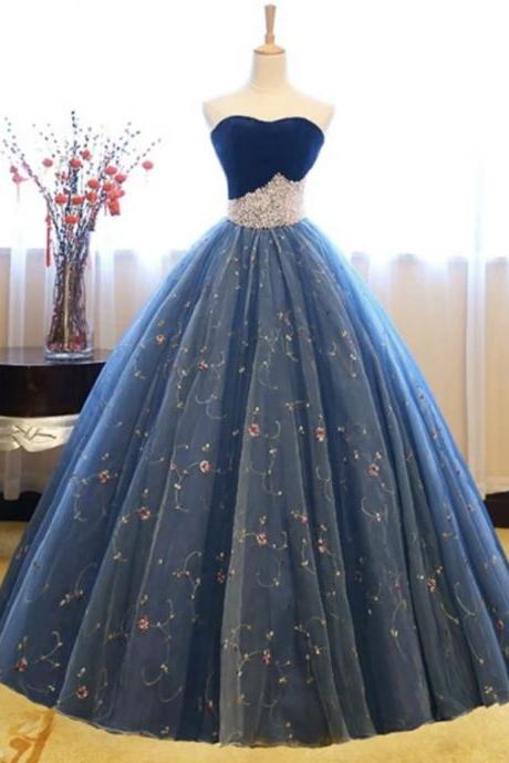 Handmade Exquisite Strapless Prom Dresses Sweetheart Blue Tulle Embroidery Flowers Ball Gown