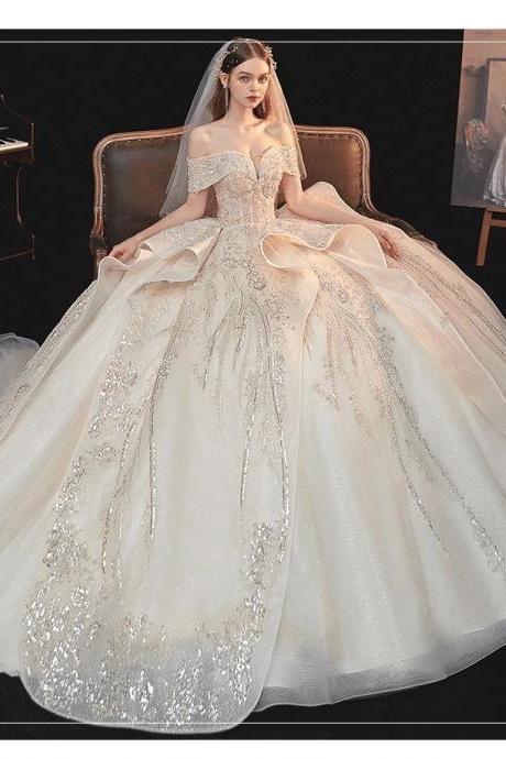 handmade Princess wedding dress 2021 new one-shoulder-style bridal dream queen wedding dress big tailing wedding dress