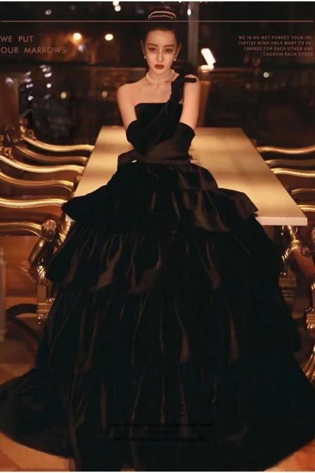 Handmade Black pleated dress [Black Swan] party dress strapless puffed dress evening gown custom made 