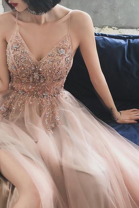 Sexy strappy evening dress beaded sequin party dress light pink evening dress high slit dress