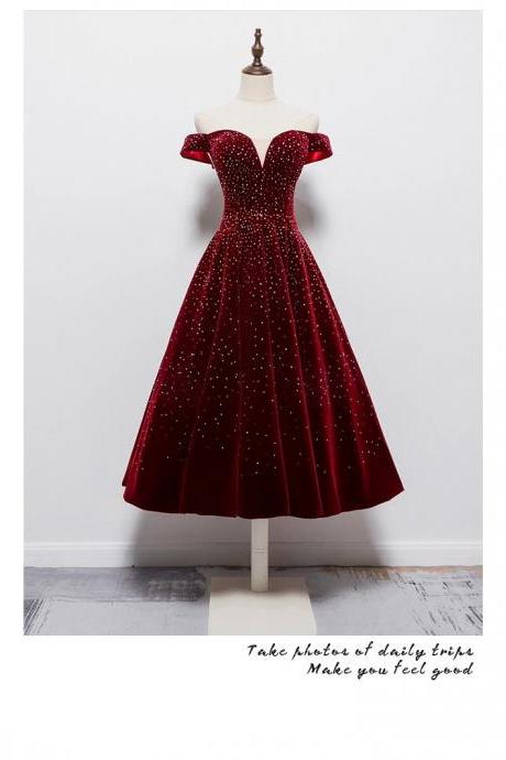 Handmade Red velvet princess dress red ball dress evening dress beaded tea length dress homecoming dress
