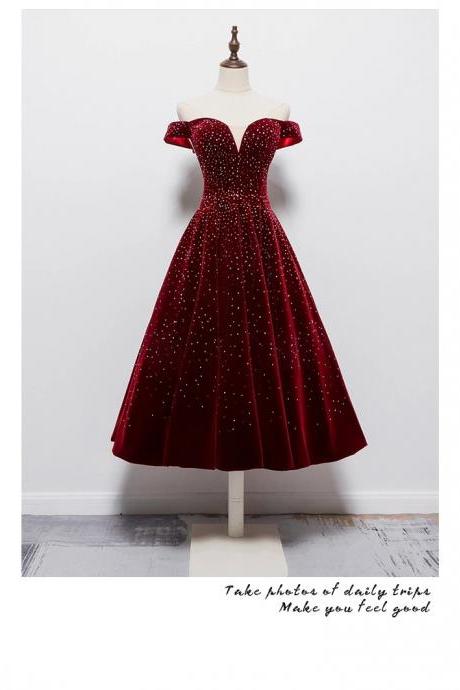 Handmade Red Velvet Princess Dress Red Ball Dress Evening Dress Beaded Tea Length Dress Homecoming Dress