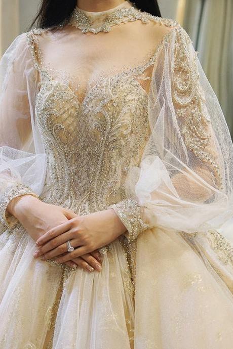Luxury / Gorgeous Champagne Wedding Dresses graduation Ball Gown Deep V-Neck Beading Lace Flower Long Sleeve Backless Cathedral Train wedding dress