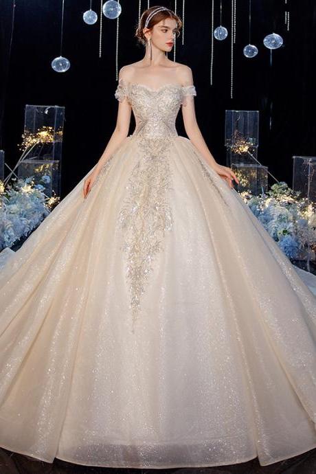 handmade Beautiful Champagne Wedding Dresses gradulation Ball Gown Off-The-Shoulder Short Sleeve Backless Appliques Lace Pearl Glitter Tulle Cathedral Train Ruffle wedding dress
