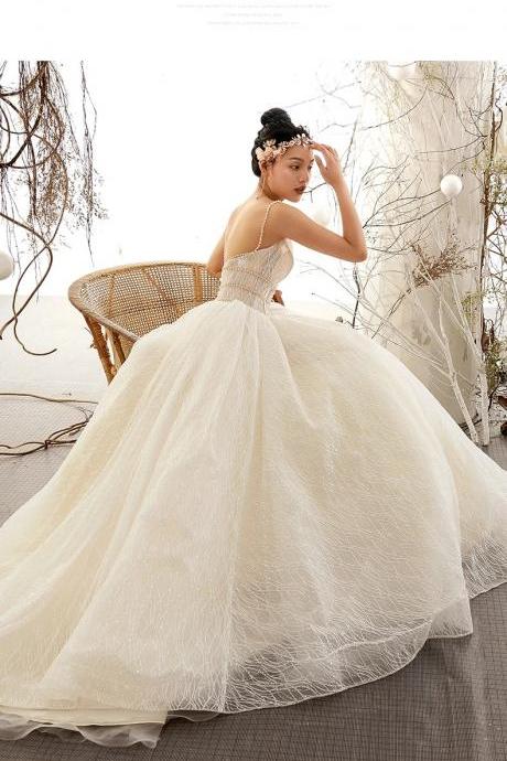 handmade Strap-straps ivory wedding gown graduation ball gown beaded ball gown sleeveless ridged cathedral trailing bridal gown
