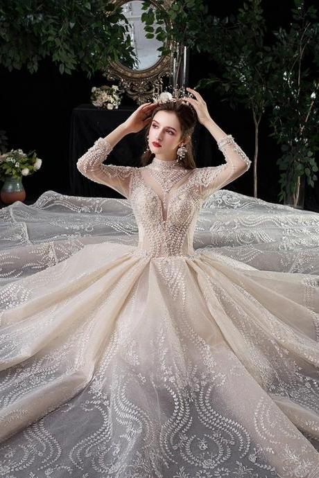 handmade Vintage / Retro Champagne See-through Wedding Dresses graduation Ball Gown High Neck Long Sleeve Backless prom dress Glitter Tulle Appliques Lace Beading Royal Train Ruffle bride dress