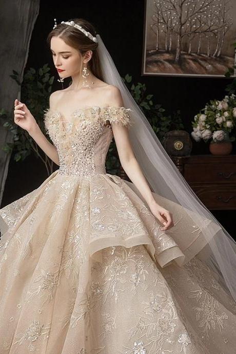 handmade Luxury / Gorgeous Champagne off shoulder Wedding Dresses guraduation Ball Gown Appliques Lace Sequins Glitter Tulle Cathedral Train Ruffle bride dress