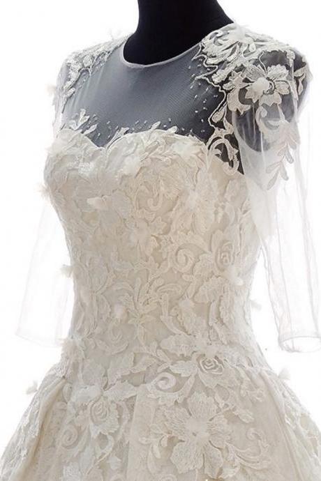 sustom handmade Flower decals Lace shoulder spade neck decal wedding gown long sleeve royal train wedding dress