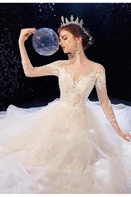 hand madeElegant Champagne See-through Wedding Dresses graduation Ball Gown Scoop Neck3/4 Sleeves Appliques Pierced Lace Cathedral Train Ruffle wedding dress