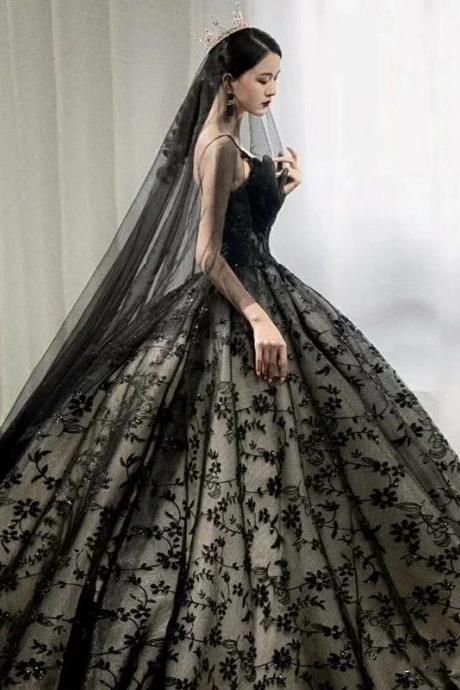 hand made Amazing/Unique Black Bridal Wedding Ball Dress Slap-Shouldered Lace Tulle Royal Train Ruffle Dresses