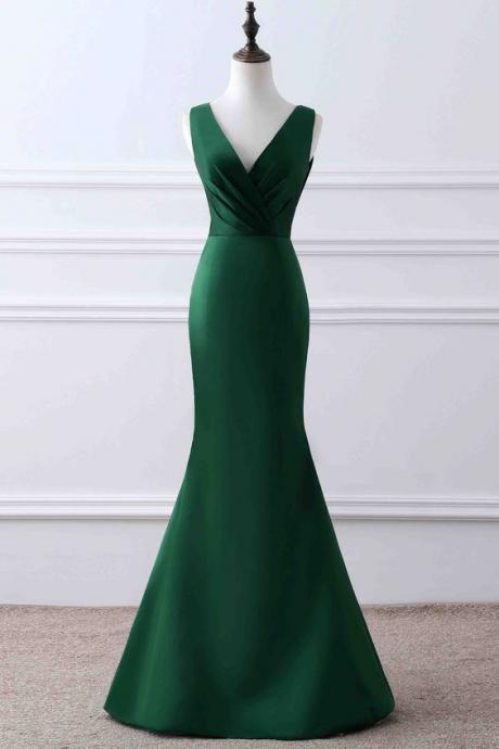 Green matte satin v-neck mermaid ,unique design evening dress,Custom Made ,New Fashion