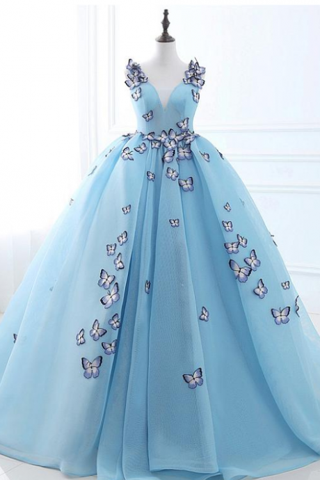 blue matte Fashion Tulle V-neck Neckline Ball Gown Prom Dresses With Embroidery Butterflies wedding dress romantic blue bridal dress