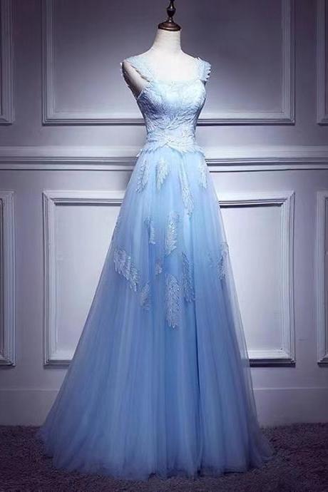 Class long high-grade prom dress, applique blue evening dress,custom made graduation party dress 