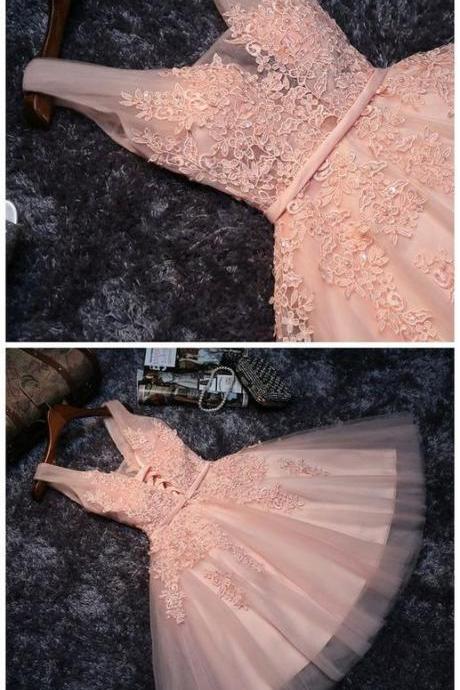 Lace Appliqued Tulle Blush Pink Short Homecoming Dress,Sweet 16 Dress