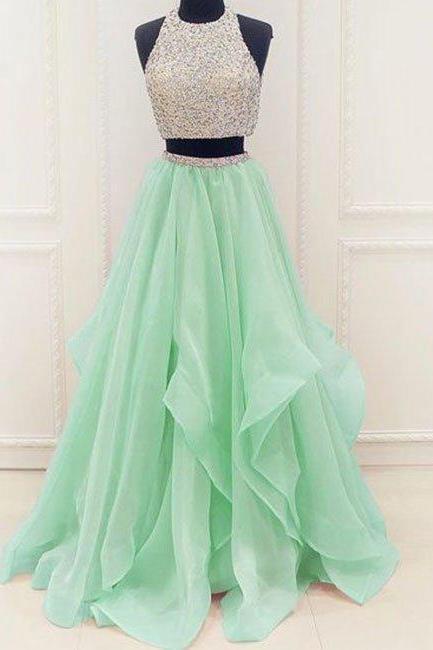 hand made unique two pieces sequin green long prom dress, evening dress two pieces prom dress