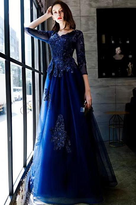 Custom Fashion Prom Dress, Birthday Party Dress, Long Sleeve Evening Dress, Custom Made Party Dress Evening Dress Deep Blue Middle Sleeves Prom