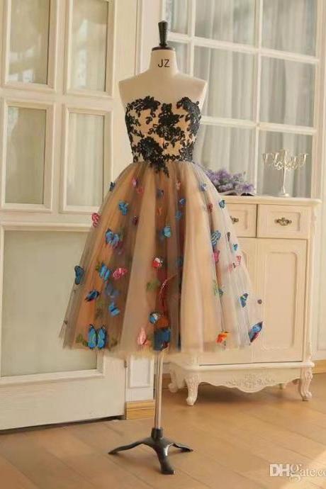 Chic lover's short PROM dress with butterfly embroidery, lace knee-length, short PROM dress home dress