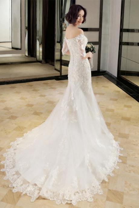 Custom off-shoulder wedding dress, lace fishtail wedding dress, white lace wedding dress with middle sleeves