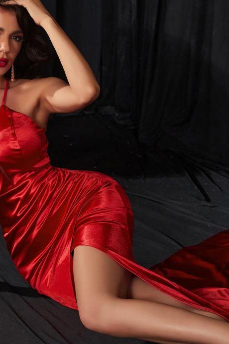 hand made Red sexy v-neck halter backless party dress with slits on the legs big swing drag ball dress