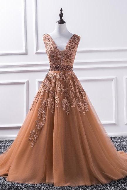  Luxurious A-Line V-Neck Champagne Tulle Lace Court Train Long Prom Dress with Beading Custom Made