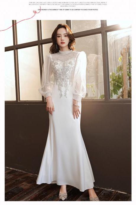 hande made White Evening dress Party dress Long sleeve dress Elegant slim fish tail beaded embroidery party dress
