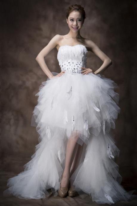 High-low dress feather rhinestone wedding dress bridal train dress wipe chest feather set beaded embroidery party dress