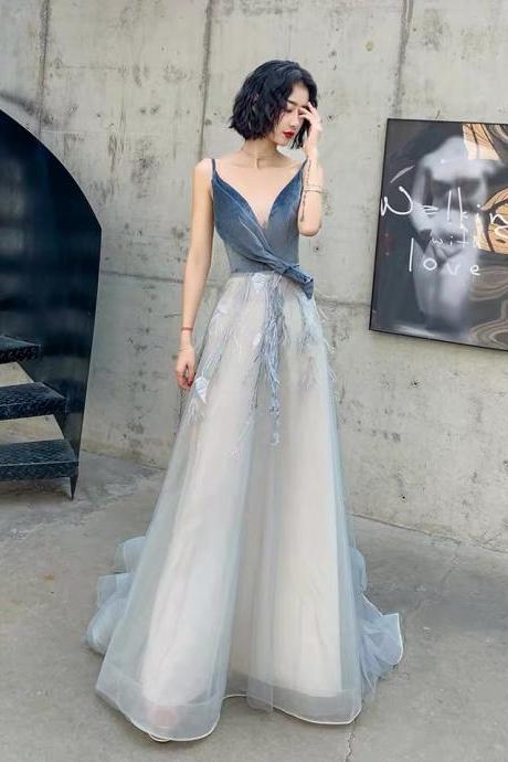 Elegant, Socialite Evening Gown, Sexy Ball Gown With Thin Straps Light Gray Evening Gown Strapless Dresses