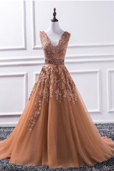 Luxurious A-Line V-Neck Champagne Tulle Lace Court Train Long Prom Dress with Beading Custom Made