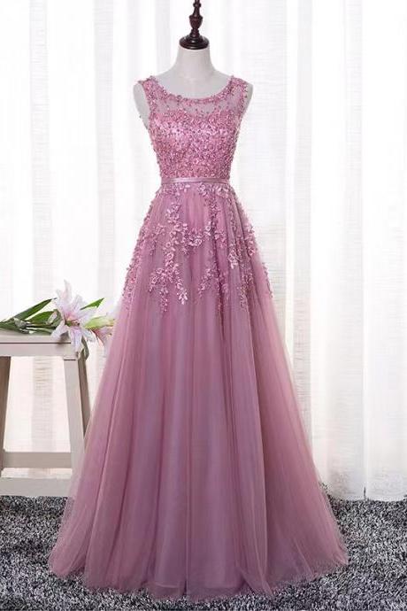 Long Pink Prom Dresses,a-line Sleeveless Zipper Appliques Prom Dresses