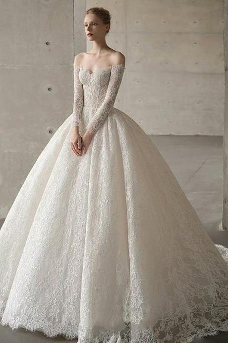 Handmade Custom Lace Vintage Dress Long Sleeve Strapless Wedding Dress