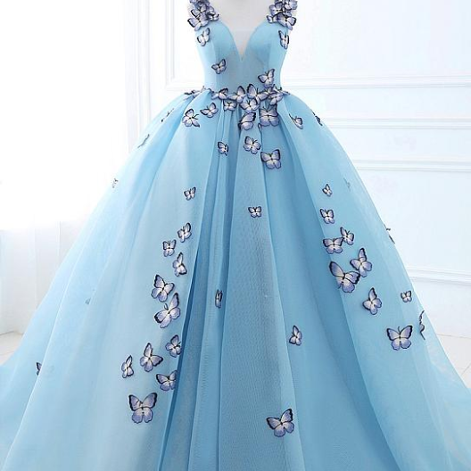 blue matte Fashion Tulle V-neck Neckline Ball Gown Prom Dresses With Embroidery Butterflies wedding dress romantic blue bridal dress