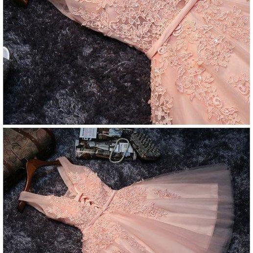 Lace Appliqued Tulle Blush Pink Short Homecoming Dress,Sweet 16 Dress
